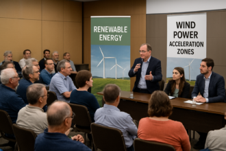 Ľudia sediaci v konferenčnej miestnosti v Bratislave počas verejného prerokovania o veterných elektrárňach a akceleračných zónach pre veternú energiu.