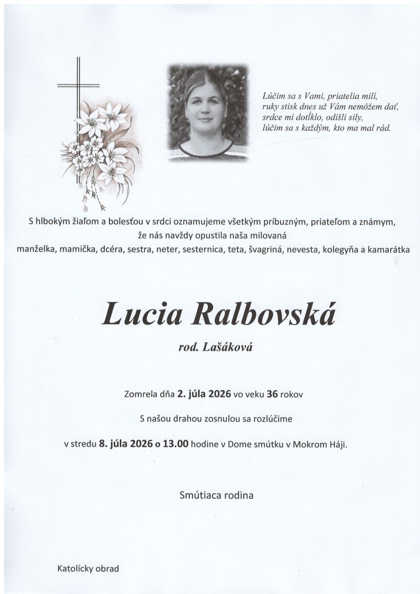 Parte Lucie Ralbovskej s oznámením o úmrtí a poslednej rozlúčke.