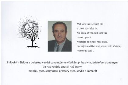 Parte PhDr. Jozefa Kováča s informáciami o úmrtí a poslednej rozlúčke v Dome smútkov v Skalici.