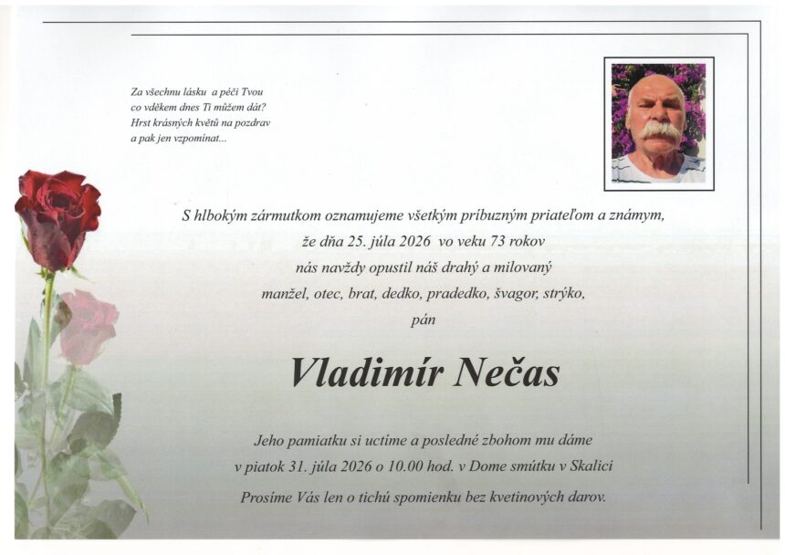 Parte so smútočným oznámením o úmrtí Vladimíra Nečasa zo Skalice.