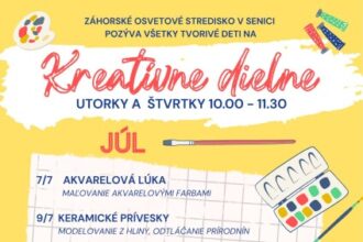 Plagát Kreatívnych dielní v Senici s informáciami o termínoch, aktivitách a organizátorovi Záhorického osvetového strediska.