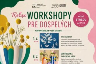 Plagát oznamujúci relaxačné workshopy pre dospelých v Tvorivých dielňach ZOS v Senici počas júla s uvedením tém a dátumov jednotlivých workshopov.