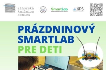 Plagát prázdninového SmartLabu pre deti v Senici s informáciami o LEGO Education Spike Prime, dátume a mieste podujatia.