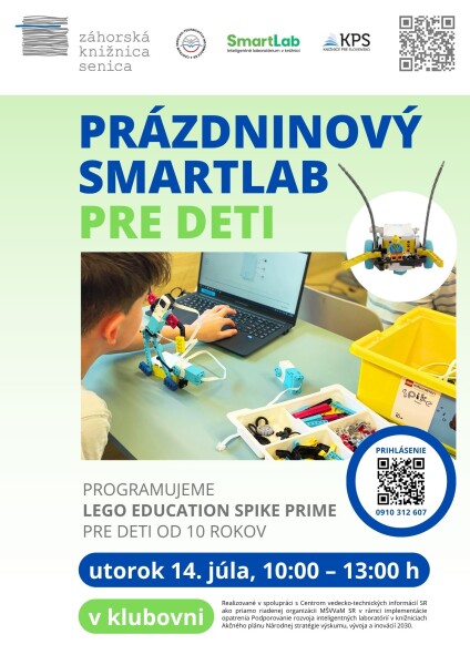 Plagát prázdninového SmartLabu pre deti v Senici s informáciami o LEGO Education Spike Prime, dátume a mieste podujatia.