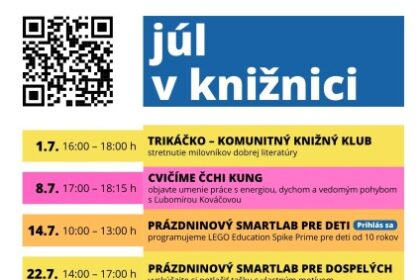 Plagát s programom júl 2026 v Záhorskej knižnici s detailným rozpisom podujatí a časov.