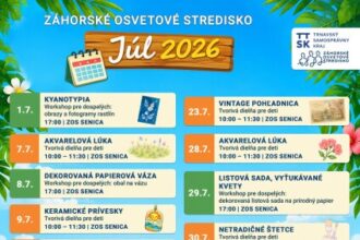 Plagát s programom letných tvorivých dielní a podujatí v Záhorskom osvetovom stredisku v Senici na júl 2026.