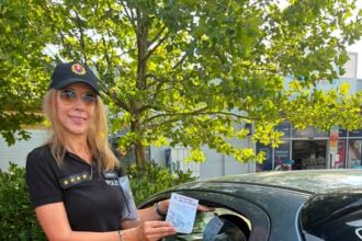Policajtka kontroluje doklady pri aute na parkovisku.