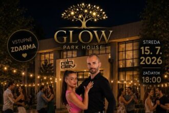 Pozvánka na tančírnu pod holým nebom v Senici 15. júla 2026 s výučbou salsy, argentínskeho tanga a bachaty, konajúcu sa v GLOW PARK HOUSE.