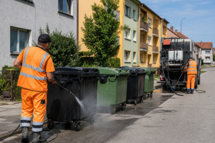 Pracovníci dezinfikujú zberné nádoby pri ulici v Skalici.