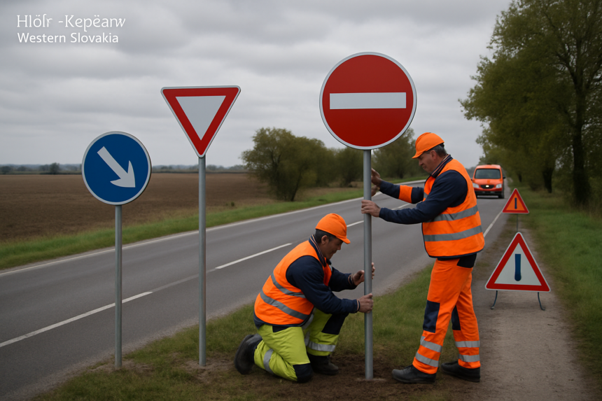 Pracovníci inštalujú nové dopravné značky na ceste medzi Holíčom a Kopčanmi v poľnohospodárskej krajine.