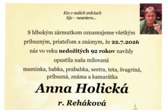 Smútočné oznámenie Anny Holickej z rodu Rehákovej zo Senice