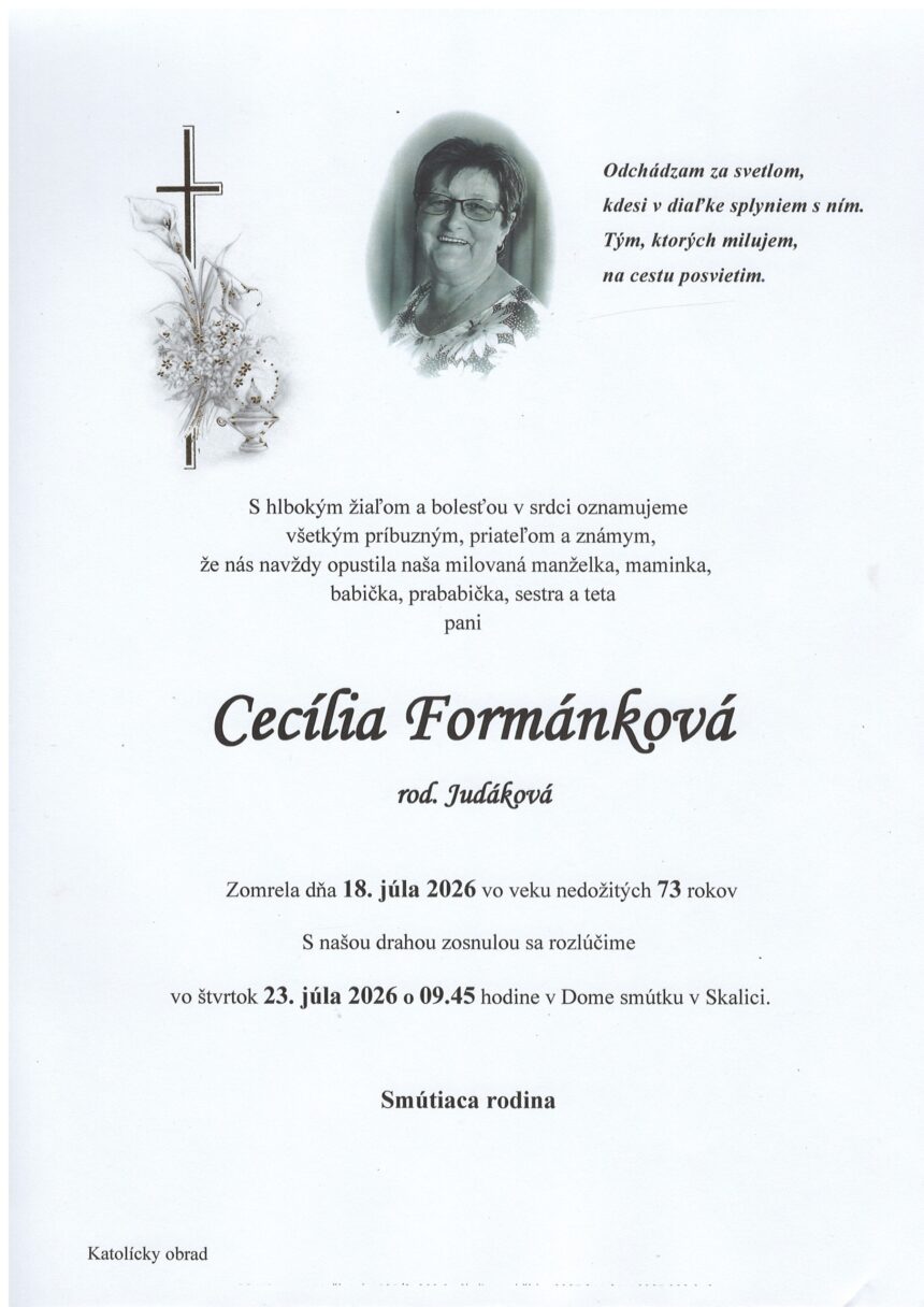 Smútočné oznámenie o úmrtí Cecílie Formánkovej zo Skalice.