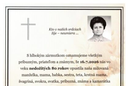 Smútočné oznámenie o úmrtí Evy Baďurovej zo Senice
