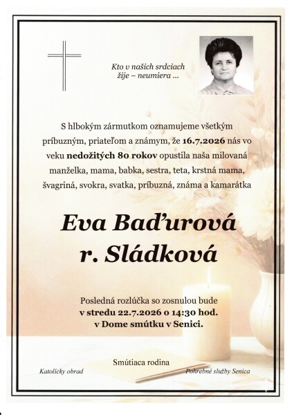 Smútočné oznámenie o úmrtí Evy Baďurovej zo Senice