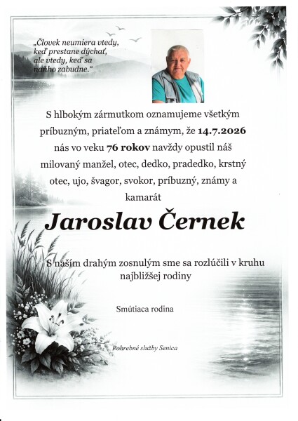Smútočné oznámenie o úmrtí Jaroslava Čermeka zo Senice.