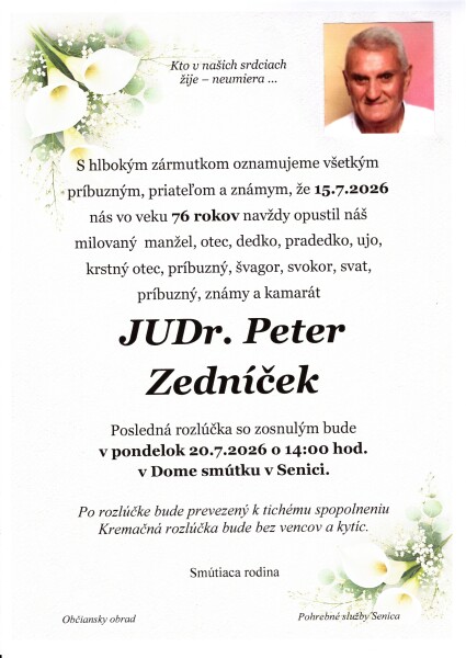 Smútočné oznámenie o úmrtí JUDr. Petra Zedníčka zo Senice.