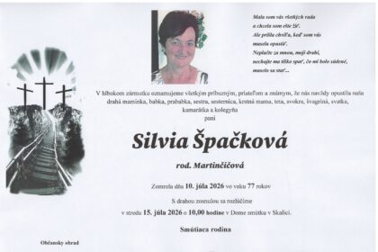 Smútočné oznámenie o úmrtí Silvie Špačkovej zo Skalice.