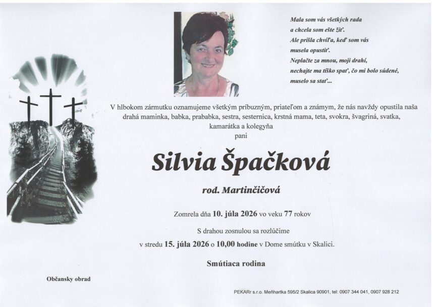Smútočné oznámenie o úmrtí Silvie Špačkovej zo Skalice.