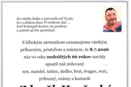 Smútočné oznámenie so správou o úmrtí Zdeněka Hrušeckého zo Senice.