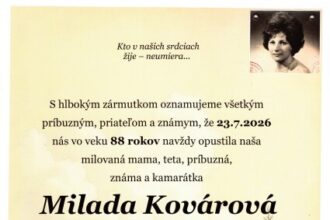 Smútočné oznámenie za Miladu Kovárovú z Rovenska s informáciou o poslednej rozlúčke.