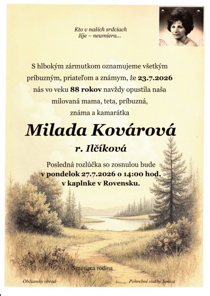 Smútočné oznámenie za Miladu Kovárovú z Rovenska s informáciou o poslednej rozlúčke.