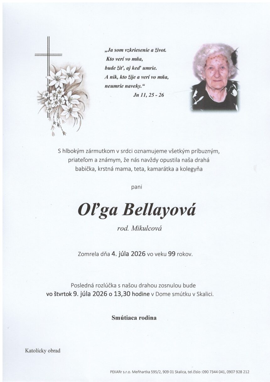 Smútočné oznámenie za Oľgu Bellayovú zo Skalice