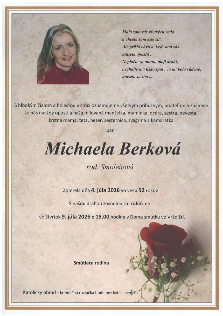 Smútočné parte Michaely Berkovej z Vrádišťa