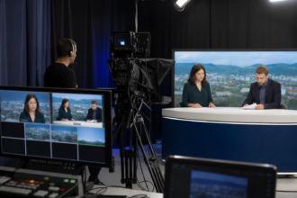 Televízne štúdio s kamerou a vysielacou technikou.