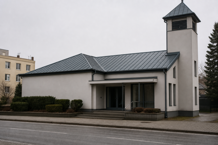Exteriér domu smútku v Skalici v pochmúrny deň