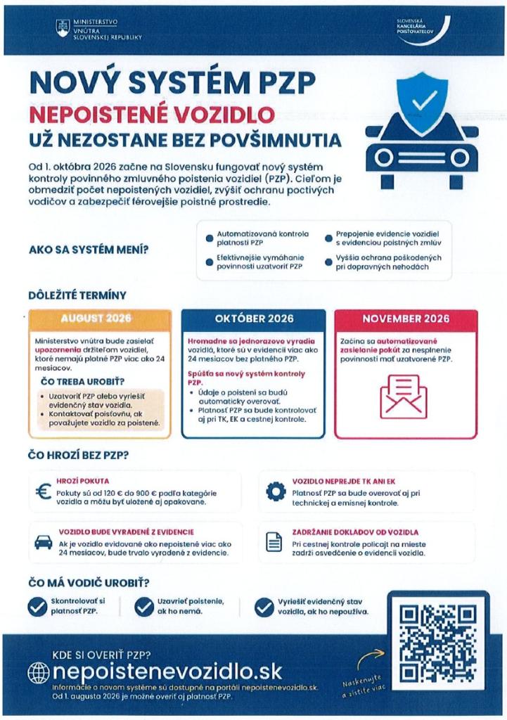 Informačný plagát o novom systéme kontroly povinného zmluvného poistenia vozidiel.