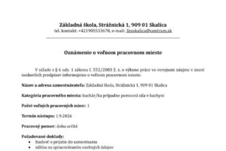 Oznámenie o voľnom pracovnom mieste v školskej jedálni v Skalici.