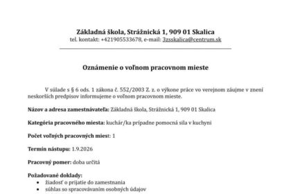 Oznámenie o voľnom pracovnom mieste v školskej jedálni v Skalici.