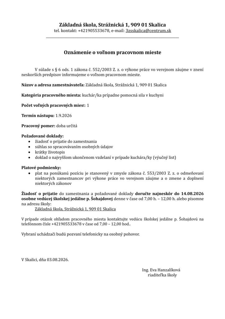 Oznámenie o voľnom pracovnom mieste v školskej jedálni v Skalici.