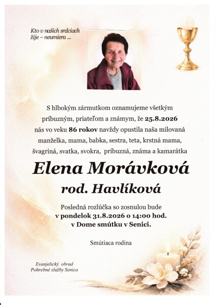 Parte Eleny Morávkovej zo Senice s informáciou o poslednej rozlúčke.