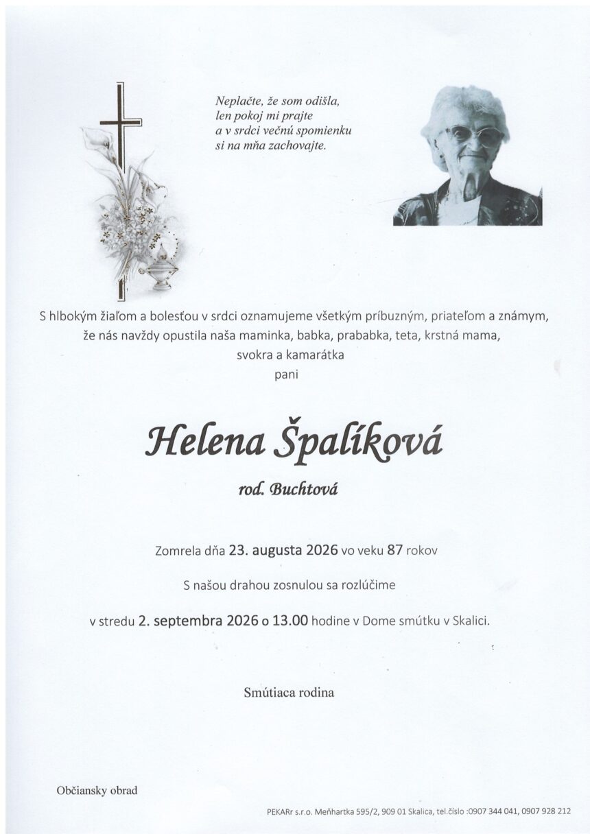 Parte Heleny Špalíkovej zo Skalice s údajmi o úmrtí a poslednej rozlúčke