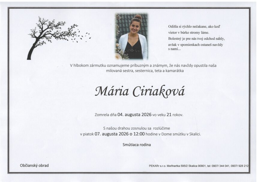 Parte s oznámením o úmrtí Márie Ciriakovej zo Skalice.