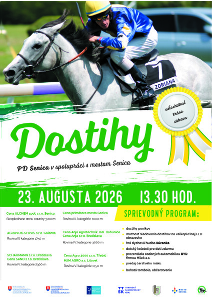 Plagát na tradičné dostihy v Čáčove pri Senici s informáciami o programe a termíne podujatia.