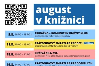 Plagát s augustovým programom Záhorskej knižnice v Senici.