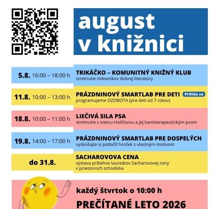Plagát s augustovým programom Záhorskej knižnice v Senici.
