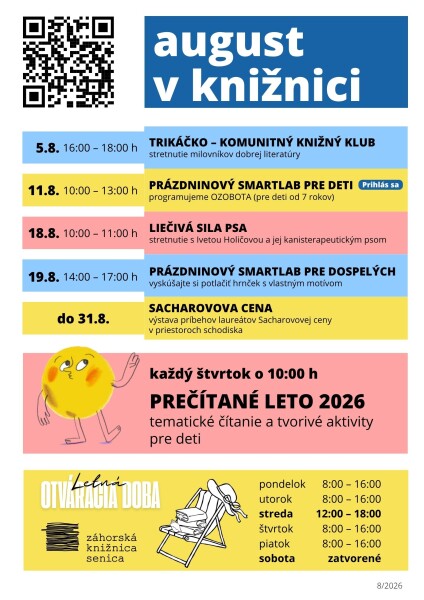 Plagát s augustovým programom Záhorskej knižnice v Senici.