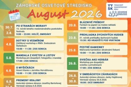 Plagát Záhorského osvetového strediska s augustovým programom workshopov, výstav a festivalov