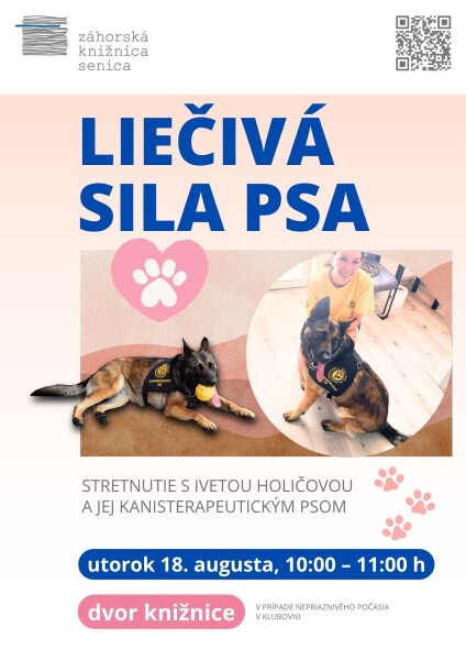 Plagát Záhorskej knižnice v Senici k podujatiu o kanisterapii a liečivej sile psa.
