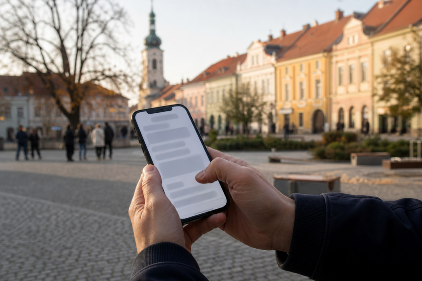 Ruky držiace mobil s rozmazanou diskusiou, v pozadí námestie malého mesta v jesennom svetle
