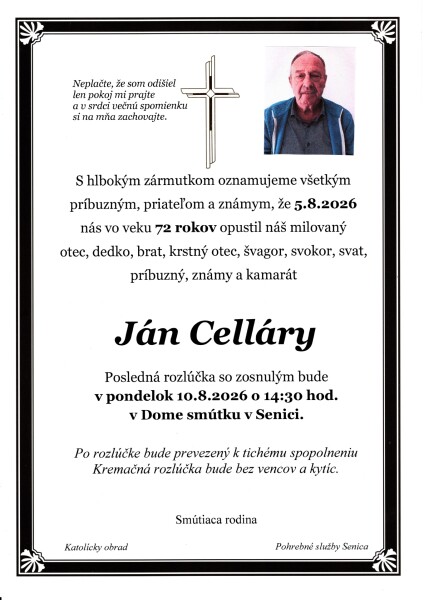 Smútočné oznámenie o úmrtí Jána Celláryho zo Senice.
