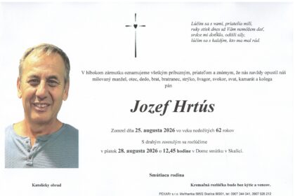 Smútočné oznámenie o úmrtí Jozefa Hrtúsa zo Skalice