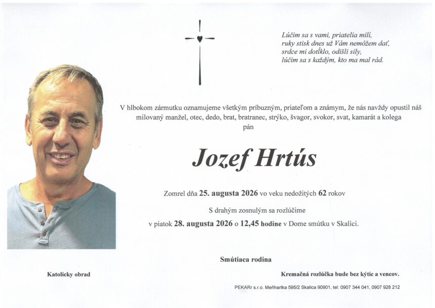 Smútočné oznámenie o úmrtí Jozefa Hrtúsa zo Skalice