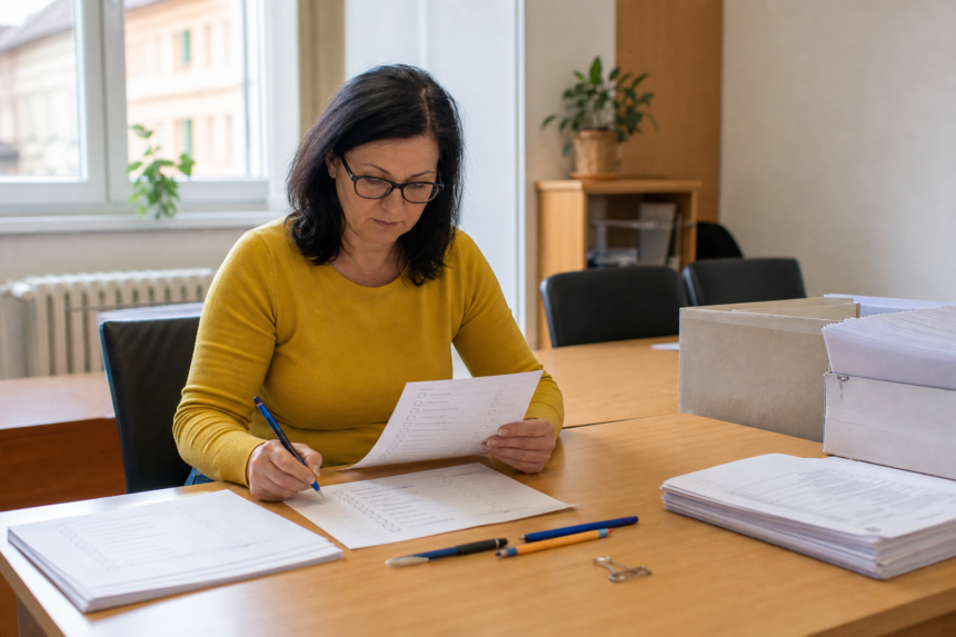 Úradnícky stôl s volebnými dokumentmi v mestskom úrade