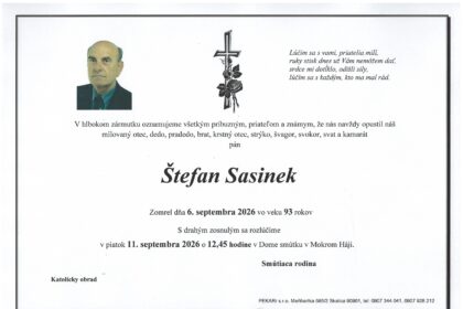 Parte zosnulého Štefana Sasinka s dátumom poslednej rozlúčky.