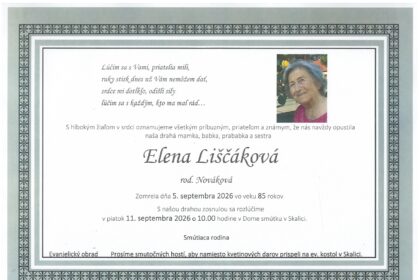 Parte zosnulej Eleny Liščákovej zo Skalice s údajmi o poslednej rozlúčke.