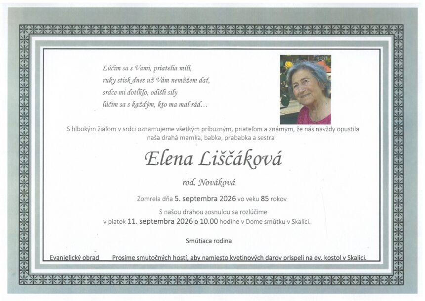 Parte zosnulej Eleny Liščákovej zo Skalice s údajmi o poslednej rozlúčke.
